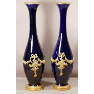 Pair Of Tall Vases In Bleu De Sèvres Porcelain And Brass, Louis XVI Style, Circa 1900