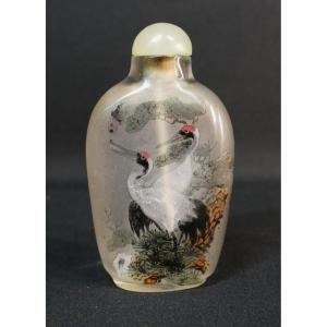 Snuff Bottle, Tabatière Chinoise En Verre Peint à l'Intérieur, Décor Aux Grues, Début XX ème