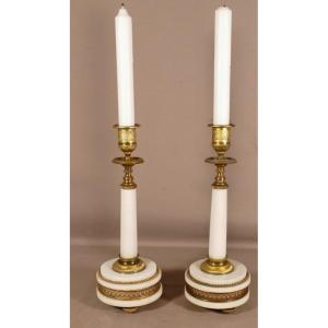 Pair Of Louis XVI Candlesticks In White Marble And Golden Brass, 19th Century