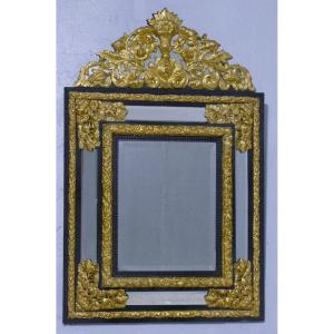 Louis XIII Style Pareclosed Mirror In Ebony And Golden Brass, Napoleon III Period