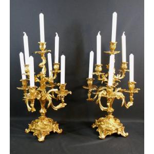 Pair Of Large Louis XV Style Candelabra In The Caffieri Taste In Gilt Bronze, 19th Century