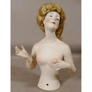 Half Doll Figurine With Wig In German Porcelain, Half Doll, Early 20th Century