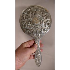 Indochinese Hand Face Mirror In Sterling Silver, Early 20th Century