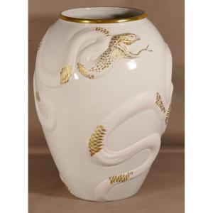 Cathy Specht Et Raynaud Porcelaine Limoges, Grand Vase Au Serpent Daté 2006