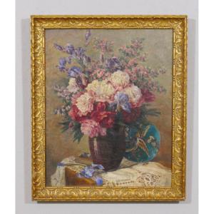 Painting, Bouquet Of Peony, Iris On Entablature And Théodore Deck Dish, 19th Century