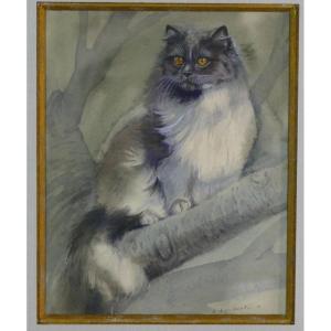 The Persian Cat, Watercolor Signed Lambert