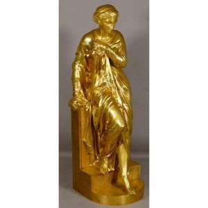 Nyssia Au Bain, Gilt Bronze Sculpture, Antique Draped Woman By Aizelin