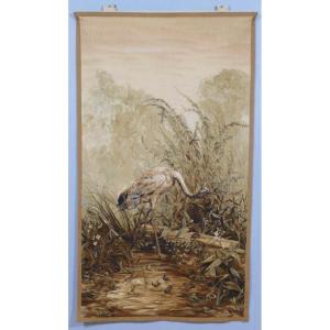 Aubusson Tapestry Early 20th Century, Greenery With Crane And Frogs, Hand Woven And Knotted