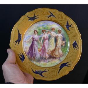 Assiette Art Nouveau, Incrustation d'Or, Hirondelles Et Femmes, Limoges 1895
