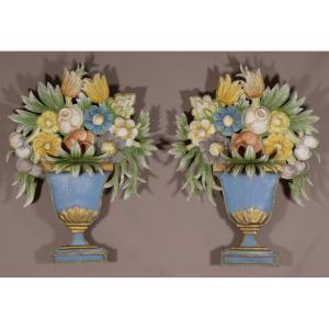 Pair Of Painted Sheet Metal Sconces With Flower Vases, Neoclassical Style, Circa 1960