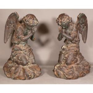 Pair Of Angels Cherubs Praying, Cast Iron Sculpture, 19th Century