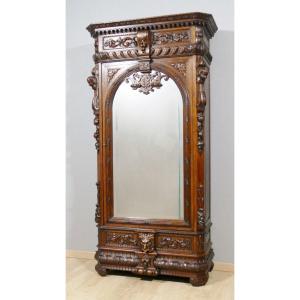 Bonnetière Mirror Cabinet Gothic Renaissance Style In Carved Oak, 19th Century