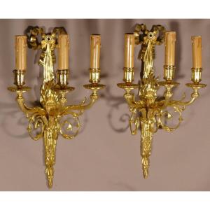 Pair Of Louis XVI Sconces In Gilt Bronze With Torches And Knots, Late 19th Century