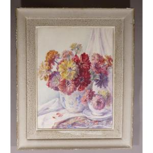 Bouquet Of Queens Marguerite, Watercolor Still Life Period Mid 20th Century