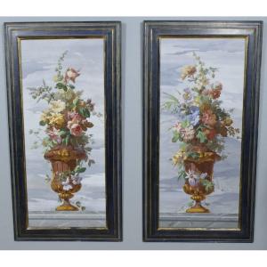 Bouquets De Fleurs, Paire De Grandes Toiles Aquarelles, Grande Décoration, époque XIX ème