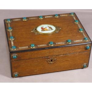 Napoleon III Jewelry Box In Oak, Mother-of-pearl And Porcelain, 19th Century