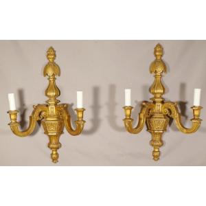 Pair Of Louis XIV Sconces In Carved Golden Wood, 1900 Period