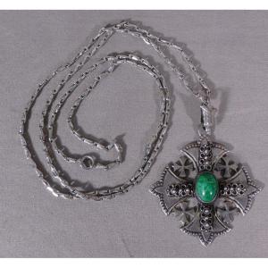 Ancient Pendant, Jerusalem Cross In Sterling Silver, Green Cabochon