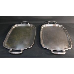 Pair Of Louis XVI Style Silver Metal Serving Trays, Early 20th Century