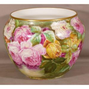 The Roses, Hand Painted Limoges Porcelain Cache Pot Late 19th Century