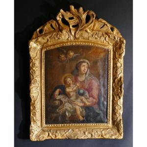 Vierge à l'Enfant Huile Sur Toile Et Son Cadre En Bois Sculpté Doré époque Fin XVII ème