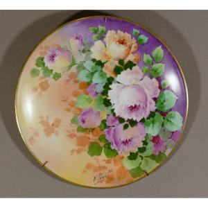 Les Roses, Hand Painted Plate By F Poujol In Limoges Porcelain