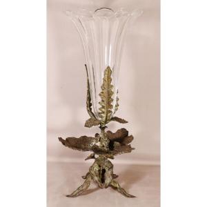 Baccarat 19th Century, Very Large Cornet Vase In Crystal And Bronze With Acanthus And Gunnera