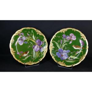 Paire De Plats Aux Iris Et Oiseaux, Porcelaine De Limoges, Fin XIX ème