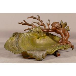 Empty Pocket With Cherub, Shell And Dragonfly, Naturalist Scene, Polychrome Metal Dated 1891