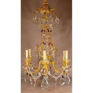 Chandelier In Gilt Bronze, Crystal And Glass With 6 Lights, Mid 20th Century