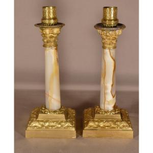 Pair Of Napoleon III Candlesticks In Gilt Bronze And Onyx, 19th Century