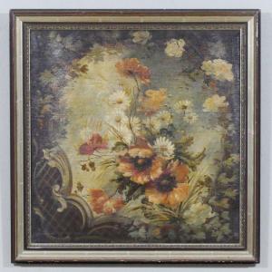 18th Century Painted Canvas, Bouquet Of Flowers In A Cartouche, Haut De Trumeau