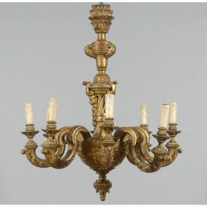 Large Italian Chandelier In Carved Golden Wood, Louis XIV Style, Early 20th Century Period