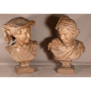  Rare Pair Of Busts After Carpeaux, The Laugher And The Laughing Neapolitan Terracotta XIXth