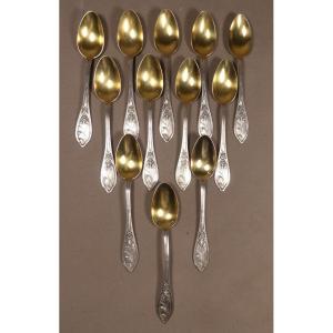 Art Nouveau Aux Iris, 12 Coffee Dessert Spoons Sterling Silver Vermeil Goldsmith Gustave Veyrat