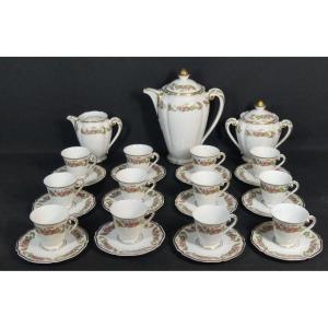 Coffee Service 12 People By Jean Bozier, Hand Decorated Limoges Porcelain