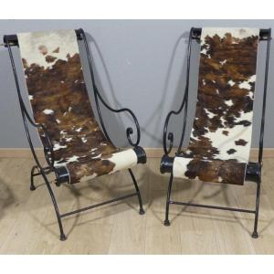 Pair Of Wrought Iron Armchairs In The Style Of Chaise Longues And Cowhide, 20th Century