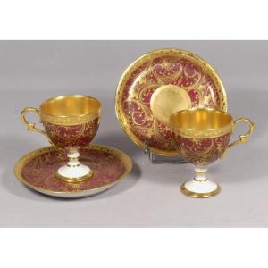 Paire De Tasses De Collection Rouge Et Or Porcelaine Limoges Peinte à La Main