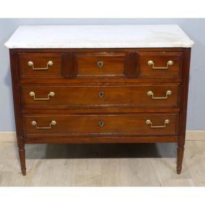 Commode Louis XVI En Acajou Et Marbre Blanc, &eacute;poque XVIII &egrave;me Si&egrave;cle