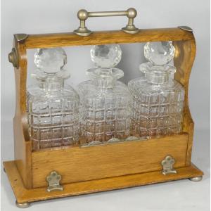 Early 20th Century English Crystal And Oak 3-decanter Whisky Cellar With Combination Lock