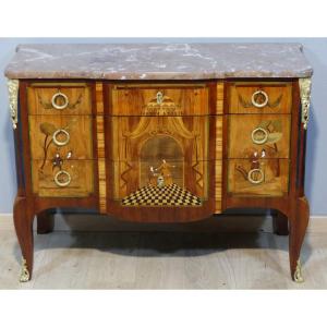 Transitional Chest Of Drawers In Marquetry With Theater And Character Decor, 19th Century