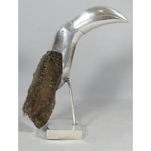 Toucan en argent massif et quartz fum&eacute;, Br&eacute;sil Design 1960 Grupo Gal