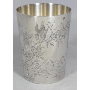 Large Solid Silver Cup With Chiseled Foliage And Birds Decoration, Late 19th Century