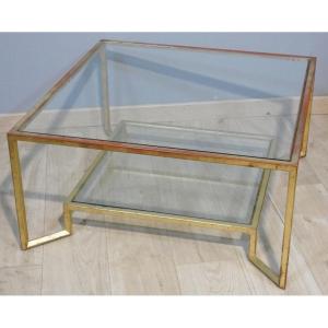 Table basse en fer doré à la feuille forme carré, deux plateaux verre, époque 1970