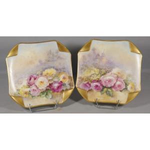 Les roses, paire de plats décoratifs en porcelaine de Limoges