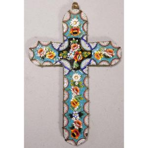 Cross In Micromosaic Of Flowers, Souvenir Of The Grand Tour, 19th Century