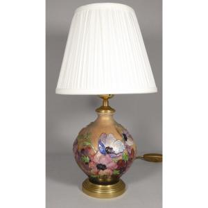 Camille Fauré Limoges, Enamel Lamp Base, Anemone Decoration, Circa 1930-50