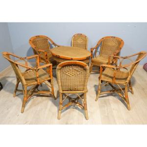 Salon de jardin d'hiver en rotin, 4 fauteuils, 2 chaises et table, milieu XX ème