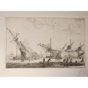 Carel Allard (1648-1709) gravure originale d'après Renier Noons dit Zeeman, bateaux au port