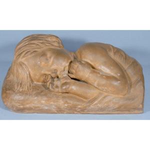 The Sleeping Child By Marcel Bouraine, Terracotta Sculpture